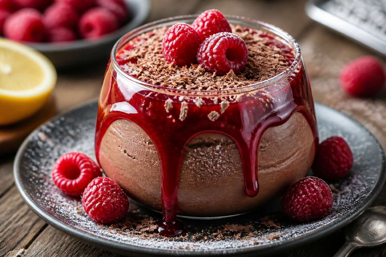 Mousse au chocolat au lait et son coulis de framboises