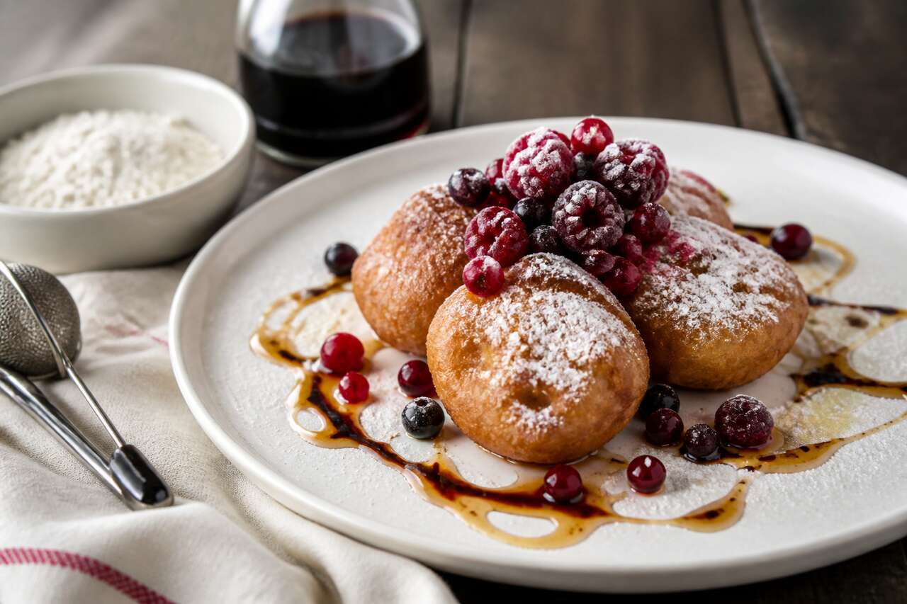 Beignets de bouquet des moines aux fruits rouges, sirop de Liège et vinaigre balsamique