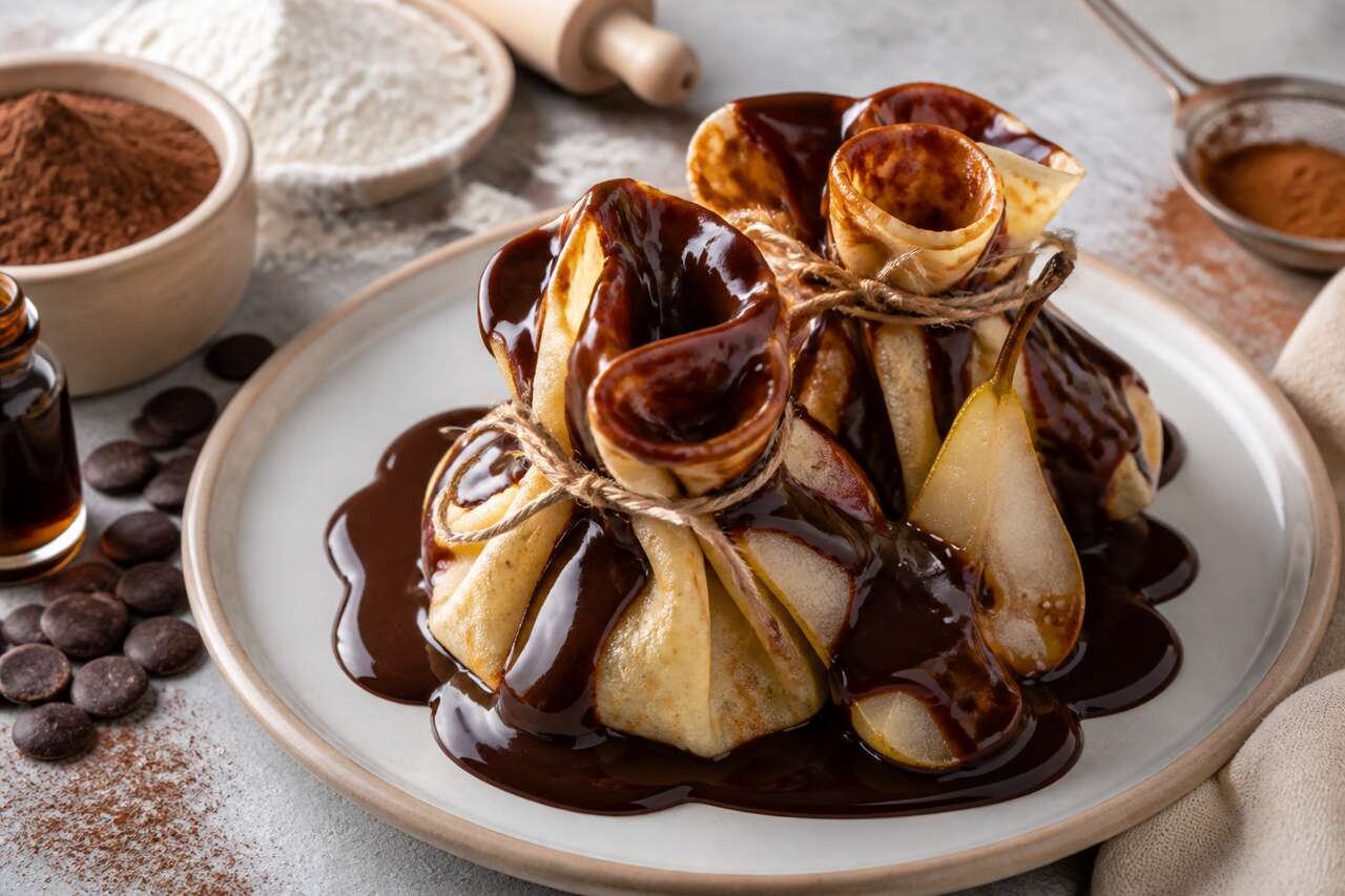 Recette de baluchons de crêpes aux poires nappés de sauce chocolat