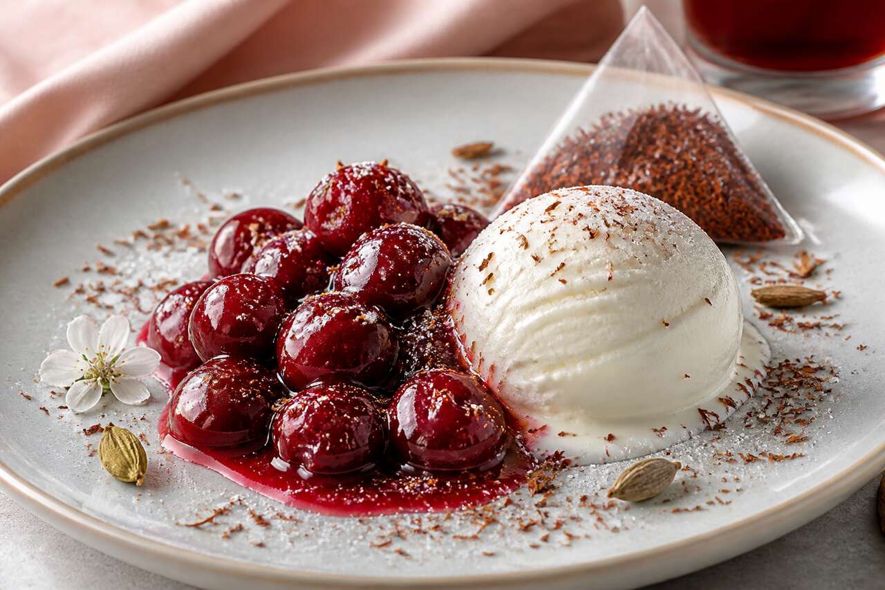 Recette de cerises au rooibos, sorbet au fromage blanc
