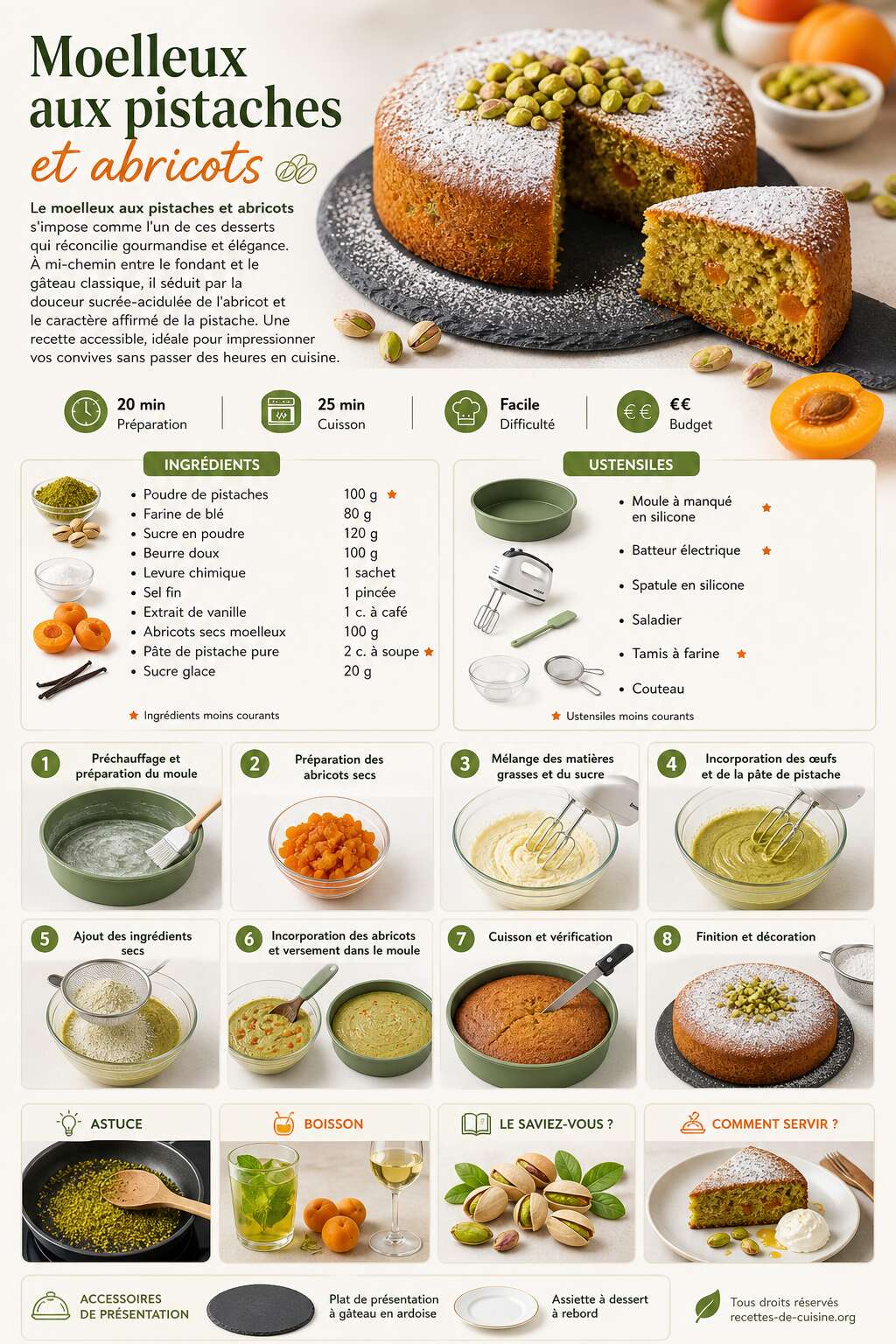 Fiche recette Recette de moelleux aux pistaches et abricots Fiche recette Recette de moelleux aux pistaches et abricots