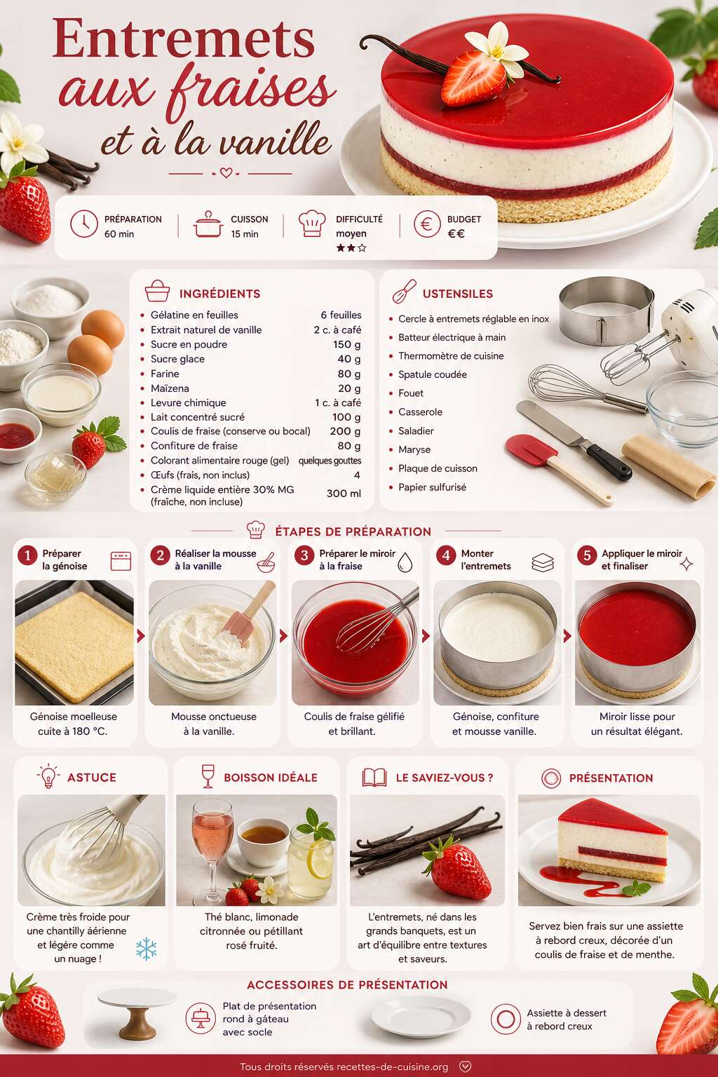 Fiche recette Recette d'entremets aux fraises et à la vanille Fiche recette Recette d'entremets aux fraises et à la vanille
