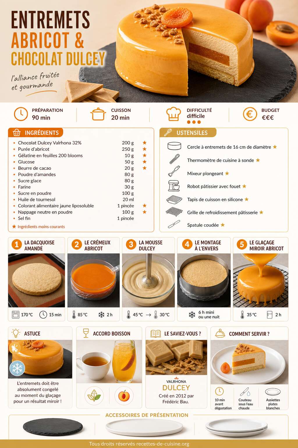 Fiche recette Recette d'entremets abricot et chocolat Dulcey Fiche recette Recette d'entremets abricot et chocolat Dulcey