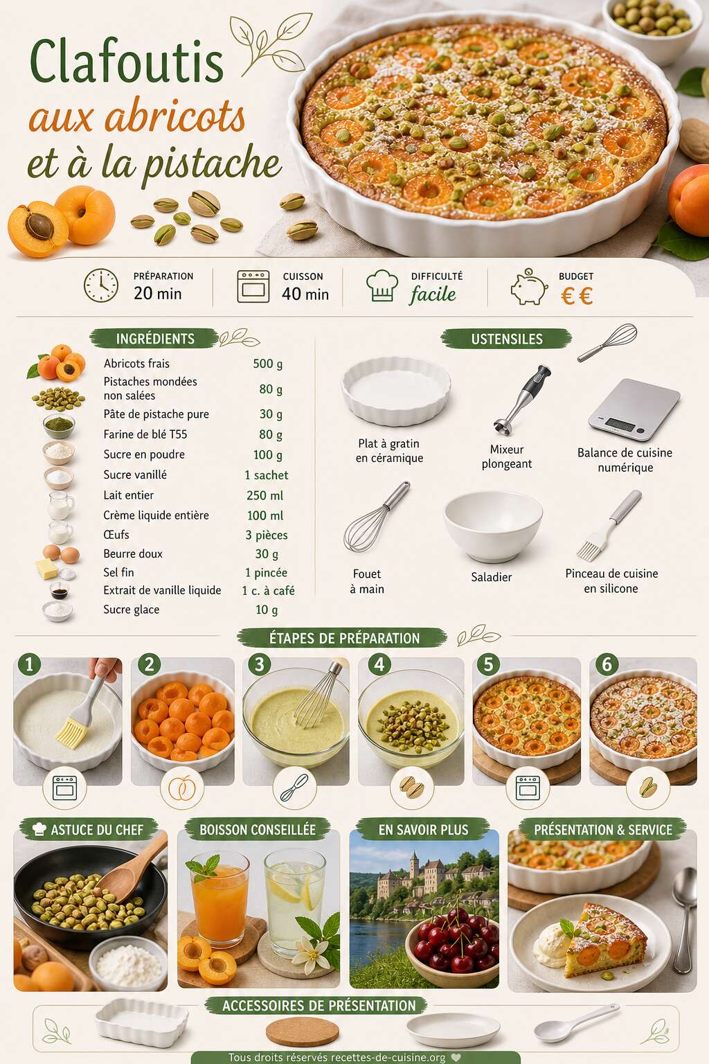 Fiche recette Recette du clafoutis aux abricots et à la pistache Fiche recette Recette du clafoutis aux abricots et à la pistache