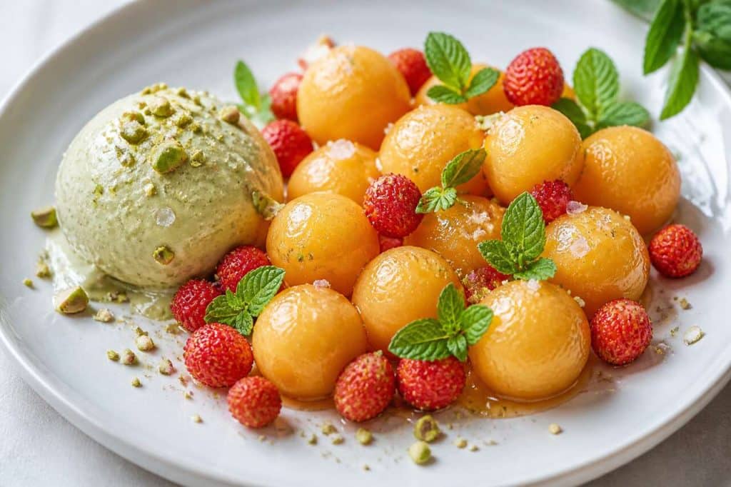 Recette d'assiette de melon et fraises des bois, glace à la pistache
