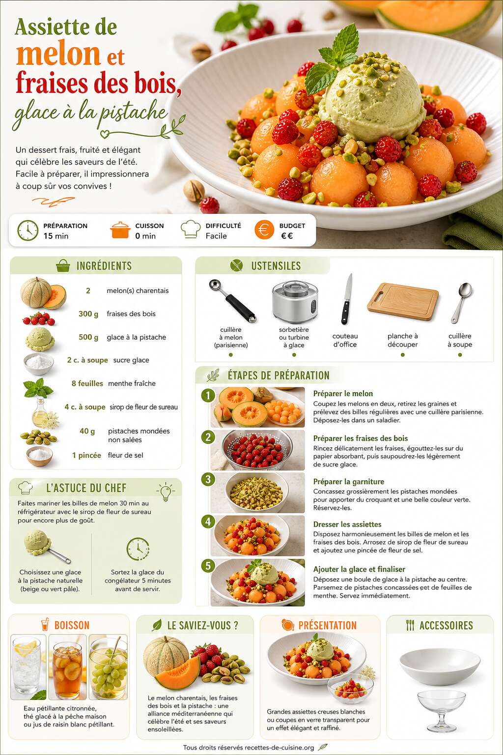 Fiche recette Recette d'assiette de melon et fraises des bois, glace à la pistache Fiche recette Recette d'assiette de melon et fraises des bois, glace à la pistache