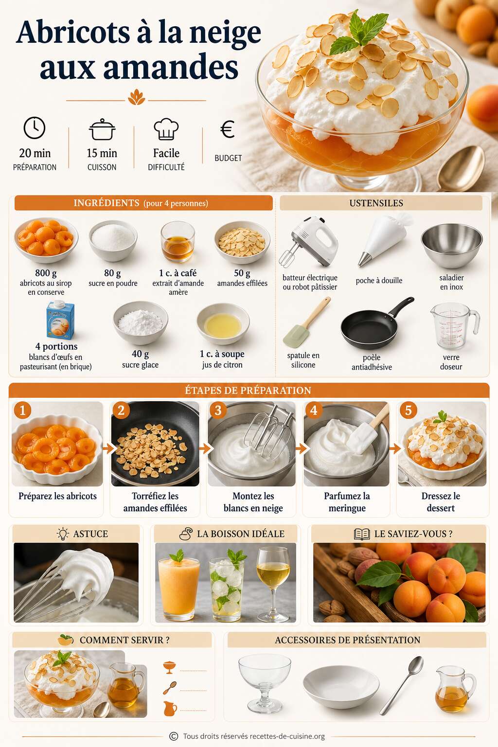 Fiche recette Recette d'abricots à la neige aux amandes Fiche recette Recette d'abricots à la neige aux amandes