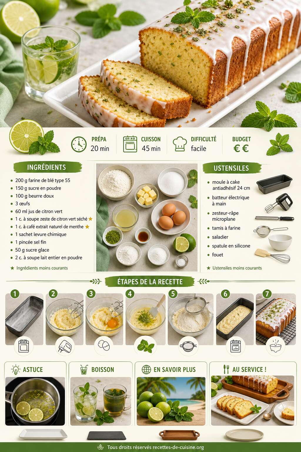 Fiche recette Recette du cake au citron vert et à la menthe Fiche recette Recette du cake au citron vert et à la menthe