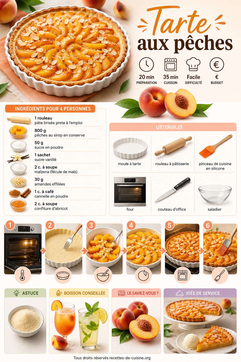Fiche recette Recette de tarte aux p&ecirc;ches facile et gourmande