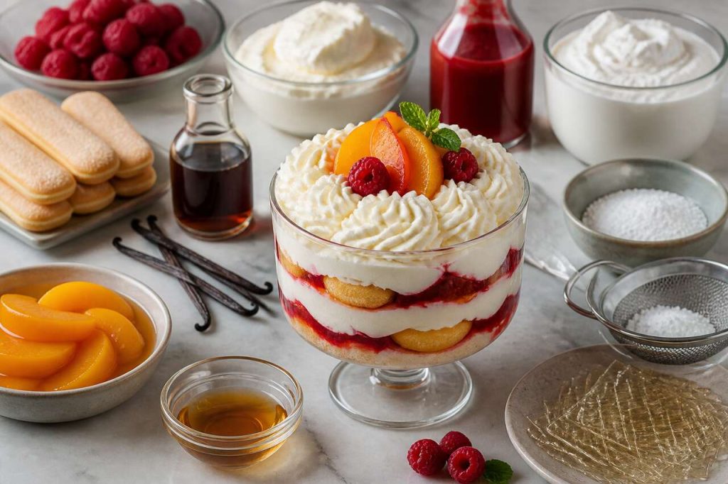 Recette d'entremets pêche Melba : pêche, framboise et vanille