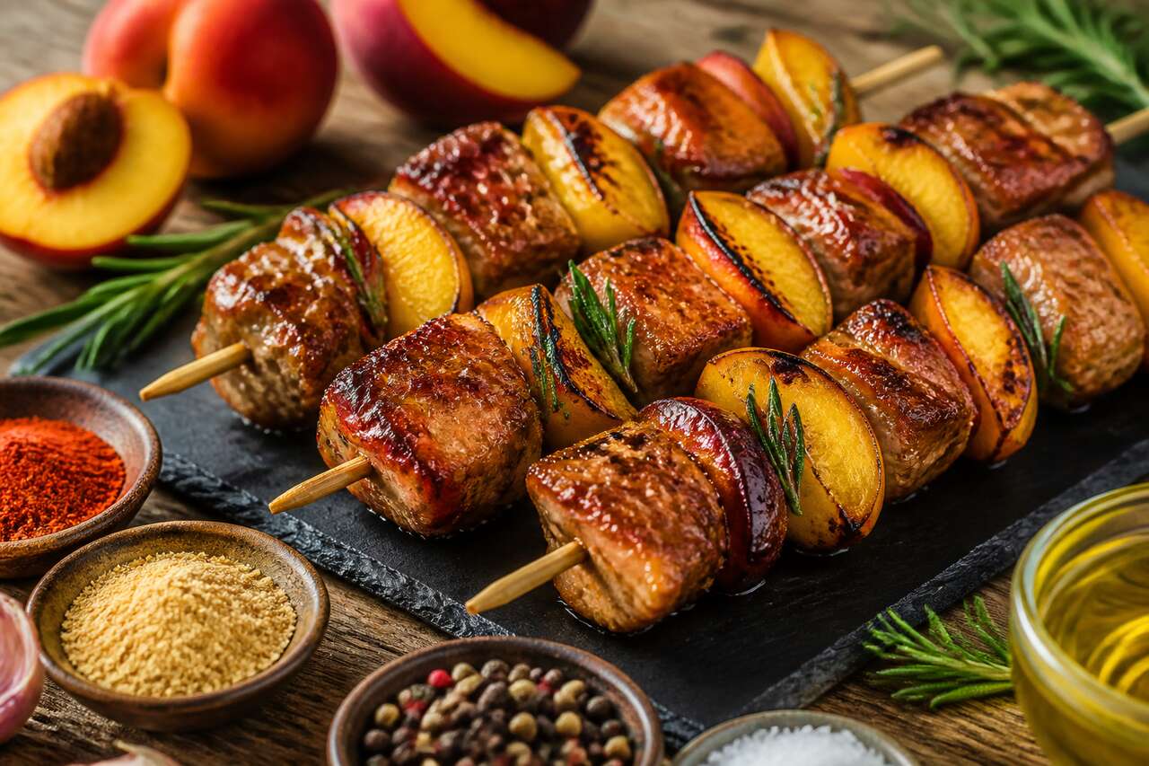 Recette de brochettes de porc aux brugnons