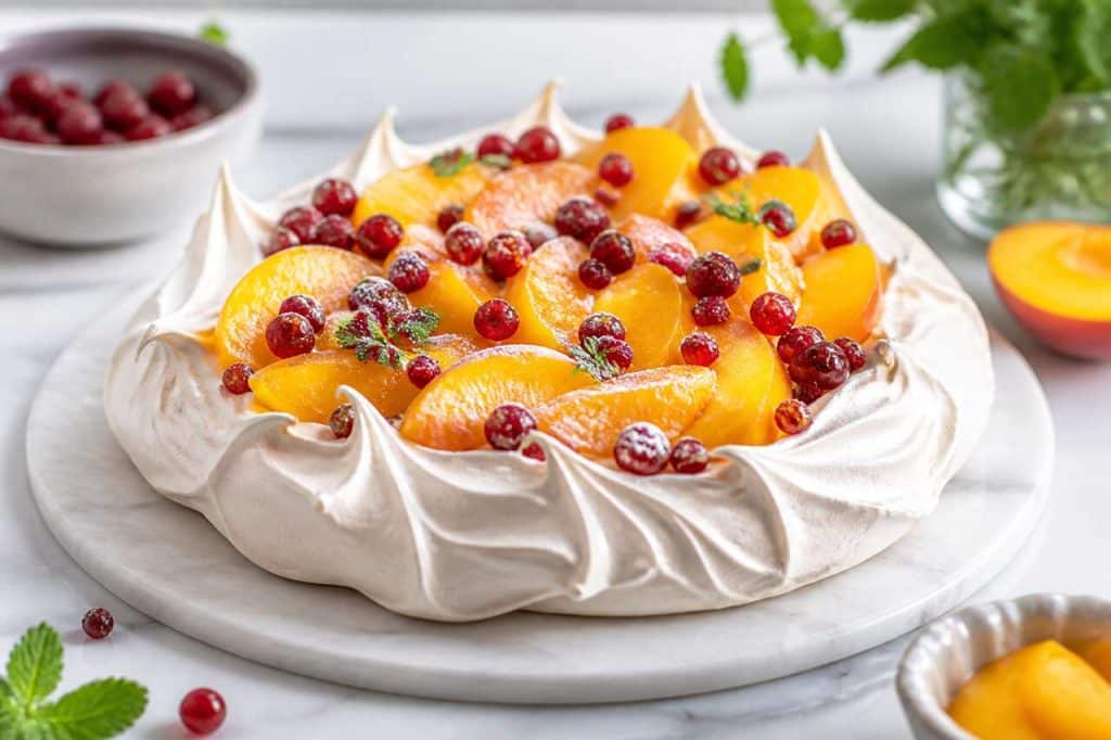 Recette de pavlova aux groseilles, pêches et verveine citronnelle