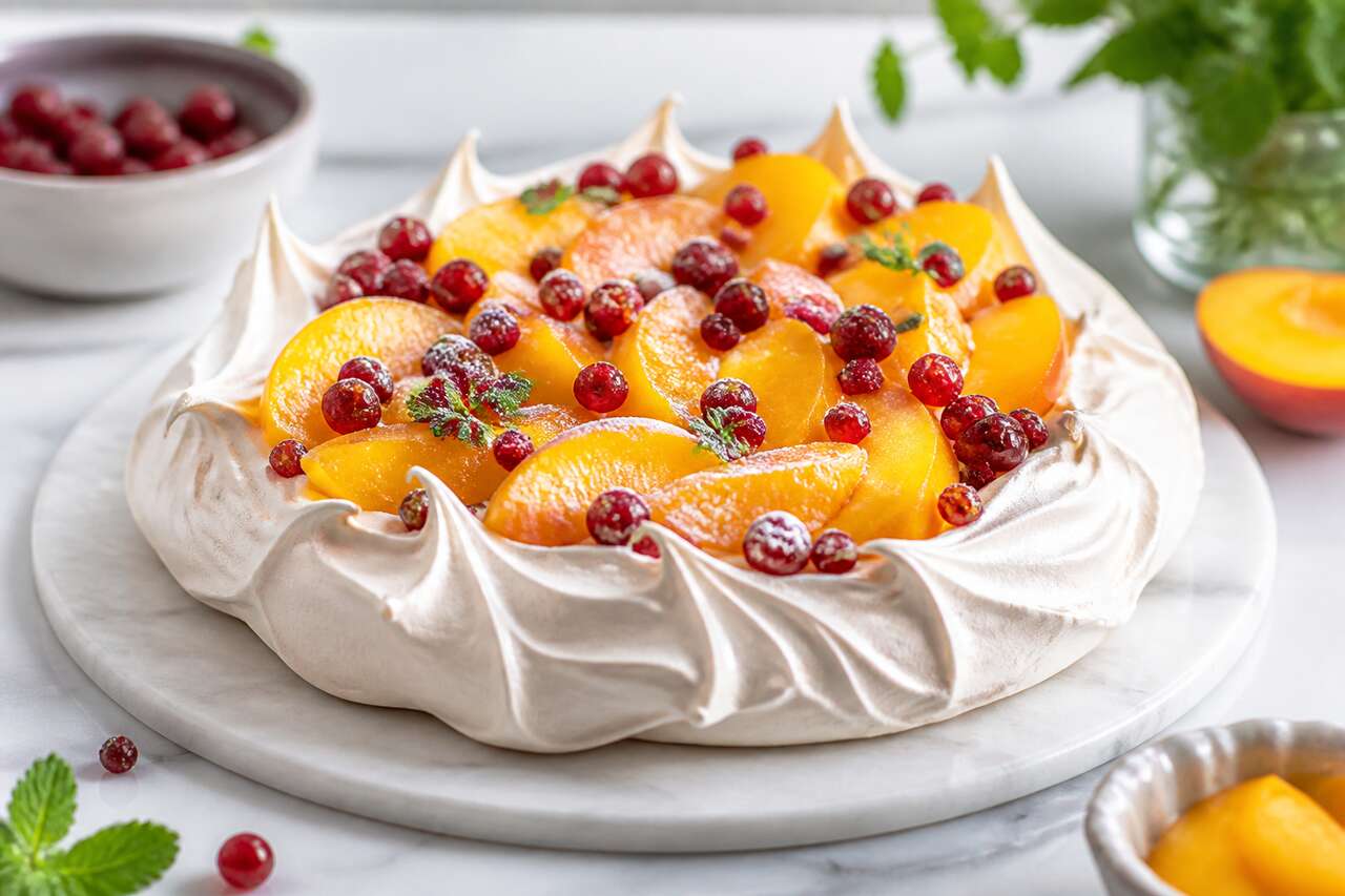 Recette de pavlova aux groseilles, pêches et verveine citronnelle