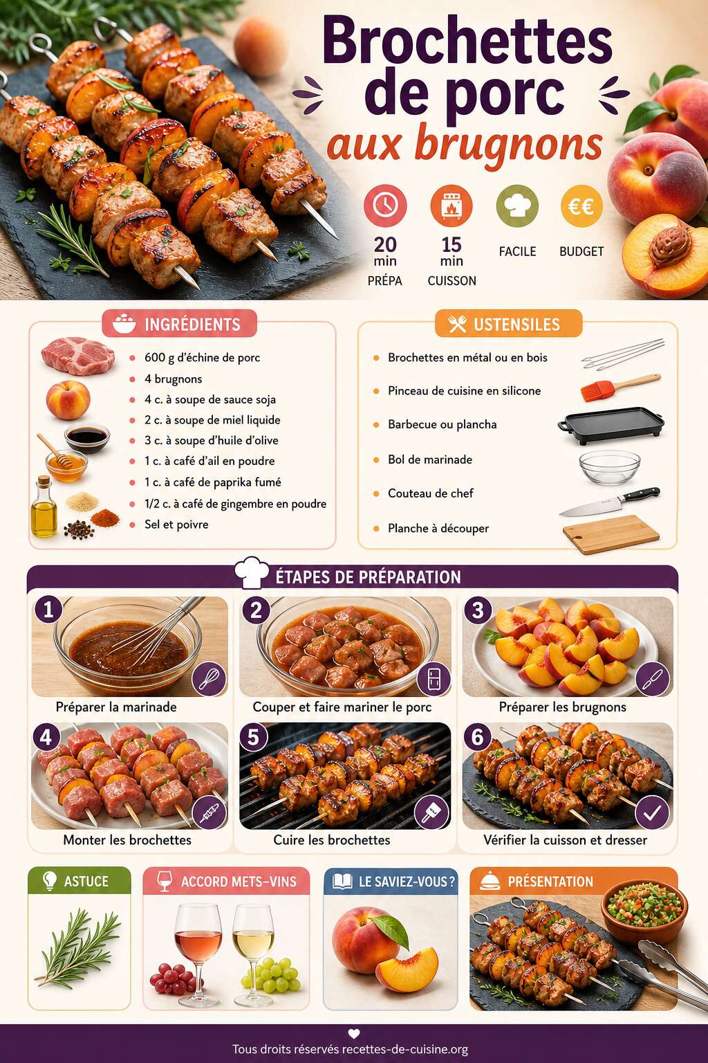 Fiche recette Recette de brochettes de porc aux brugnons Fiche recette Recette de brochettes de porc aux brugnons