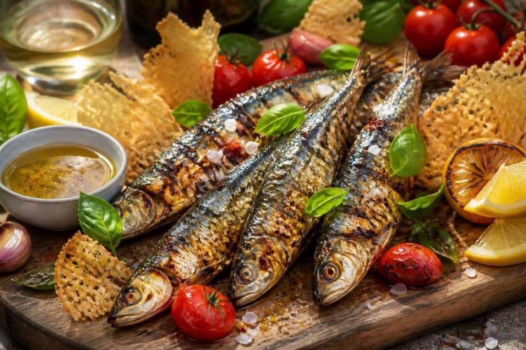 Recette de sardines à la plancha, granité de tomates et tuiles de parmesan