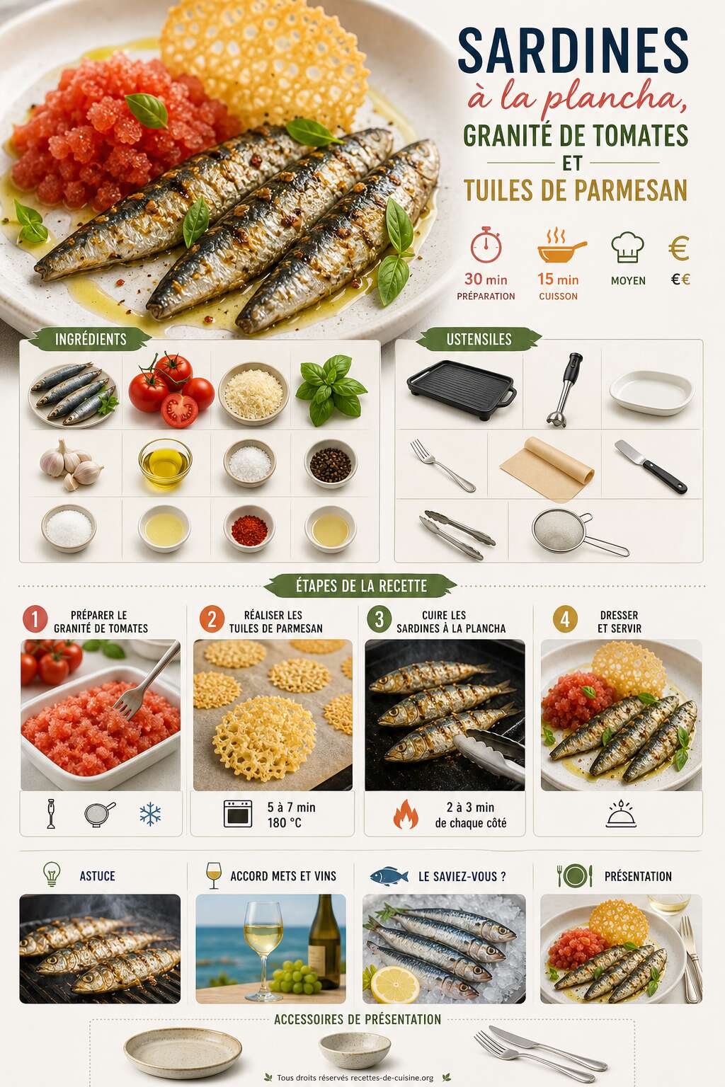Fiche recette Recette de sardines &agrave; la plancha, granit&eacute; de tomates et tuiles de parmesan