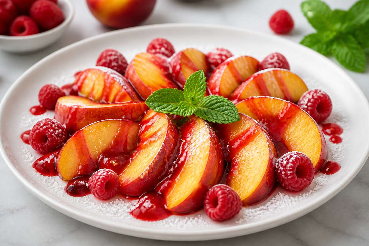 Recette de nectarines au coulis de framboises