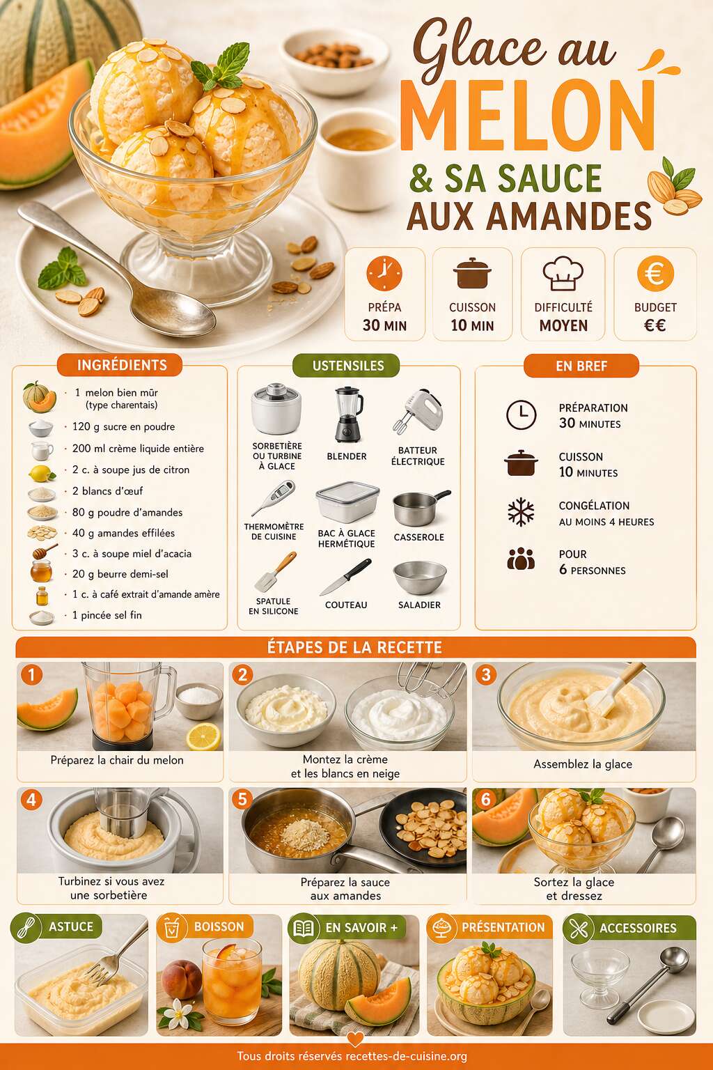 Fiche recette Recette de glace au melon et sa sauce aux amandes