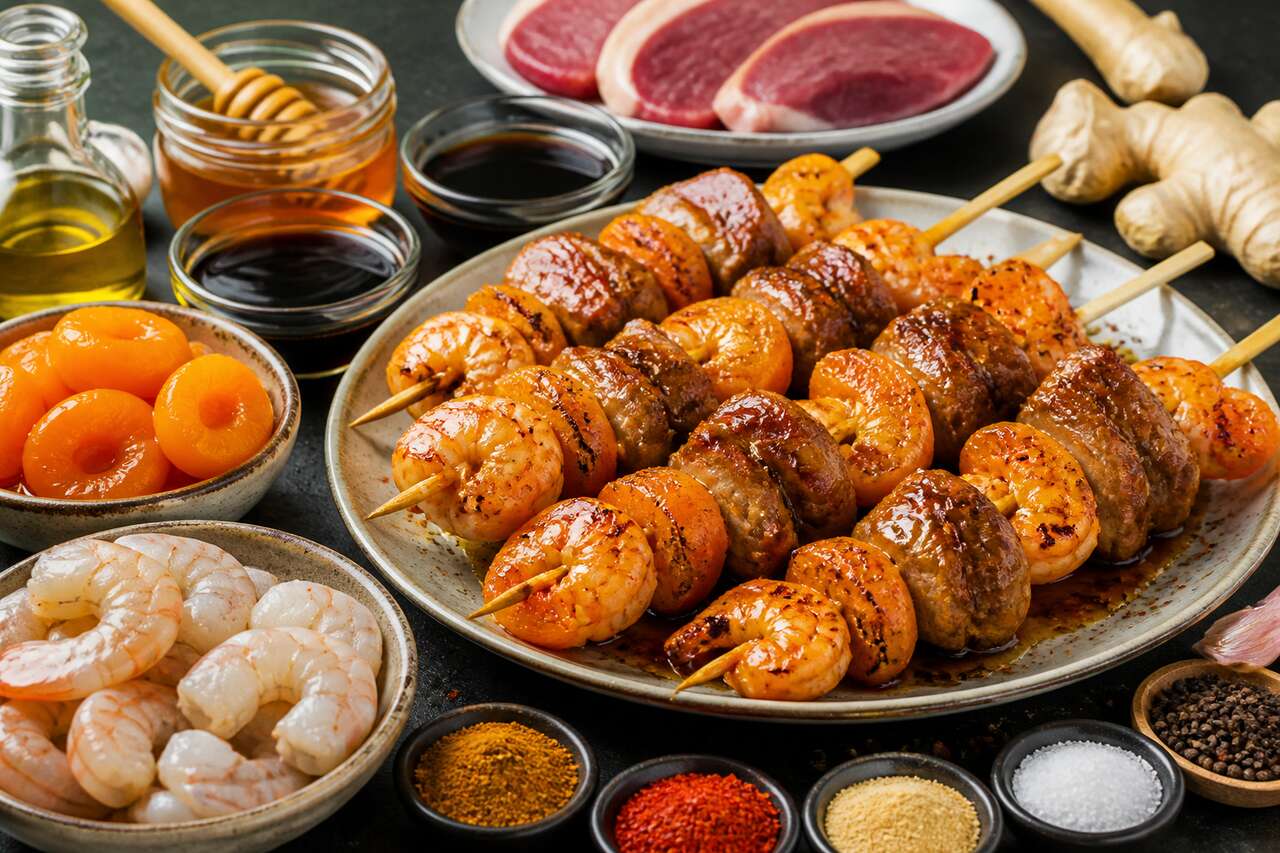 Recette de brochettes de langoustines et canard aux abricots