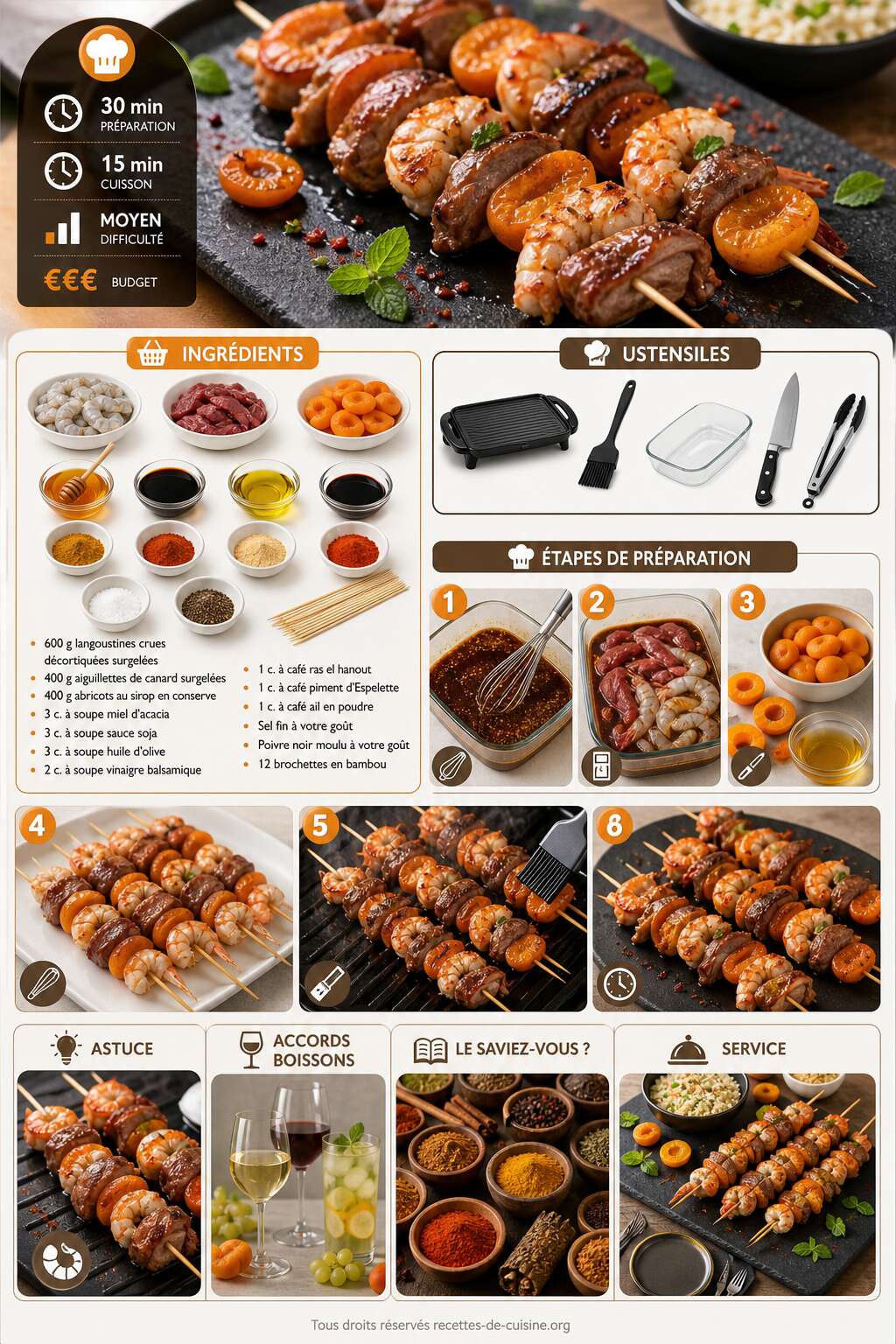 Fiche recette Recette de brochettes de langoustines et canard aux abricots Fiche recette Recette de brochettes de langoustines et canard aux abricots