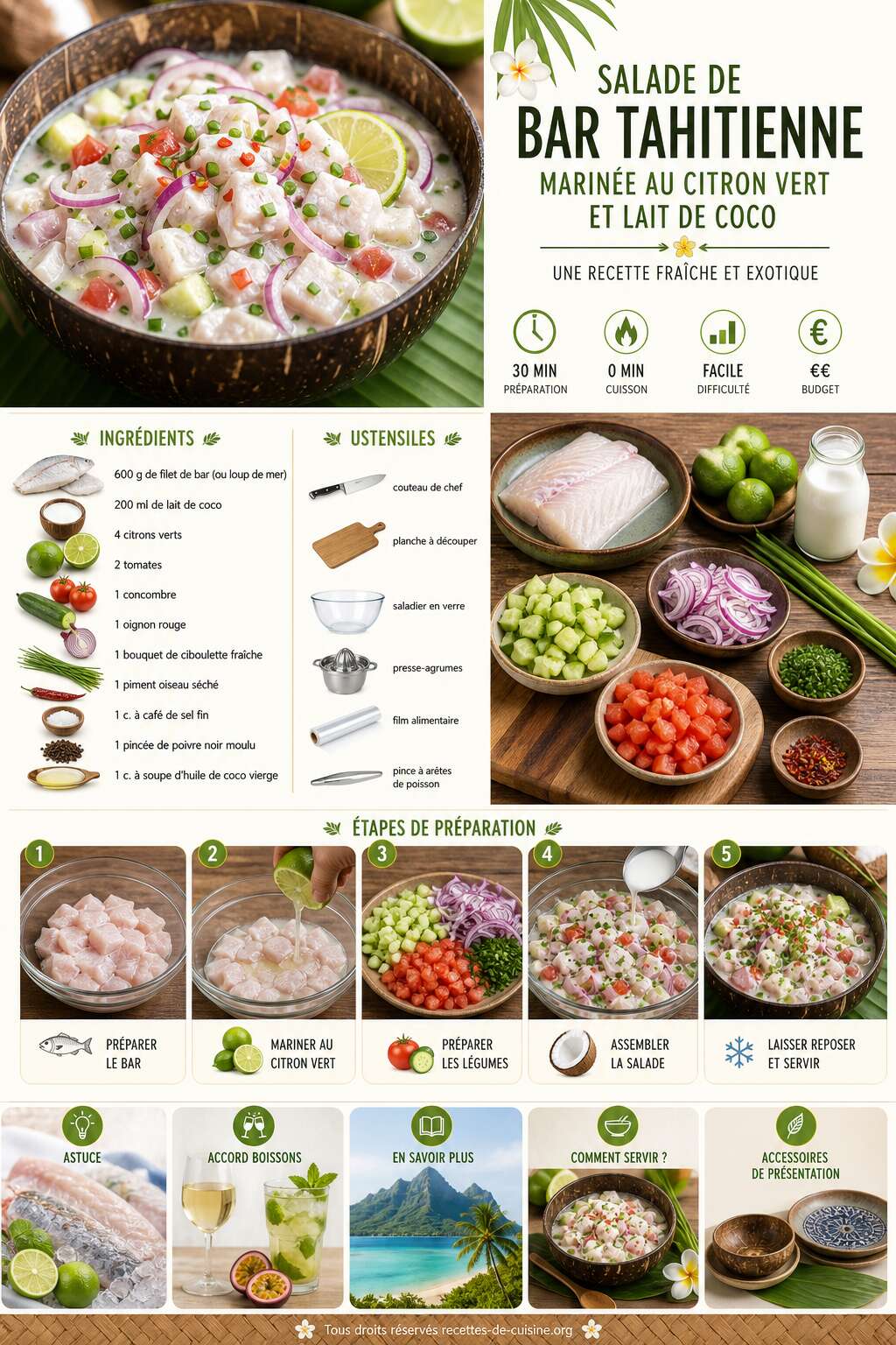 Fiche recette Salade de bar tahitienne marinée au citron vert et lait de coco : une recette fraîche et exotique Fiche recette Salade de bar tahitienne marinée au citron vert et lait de coco : une recette fraîche et exotique
