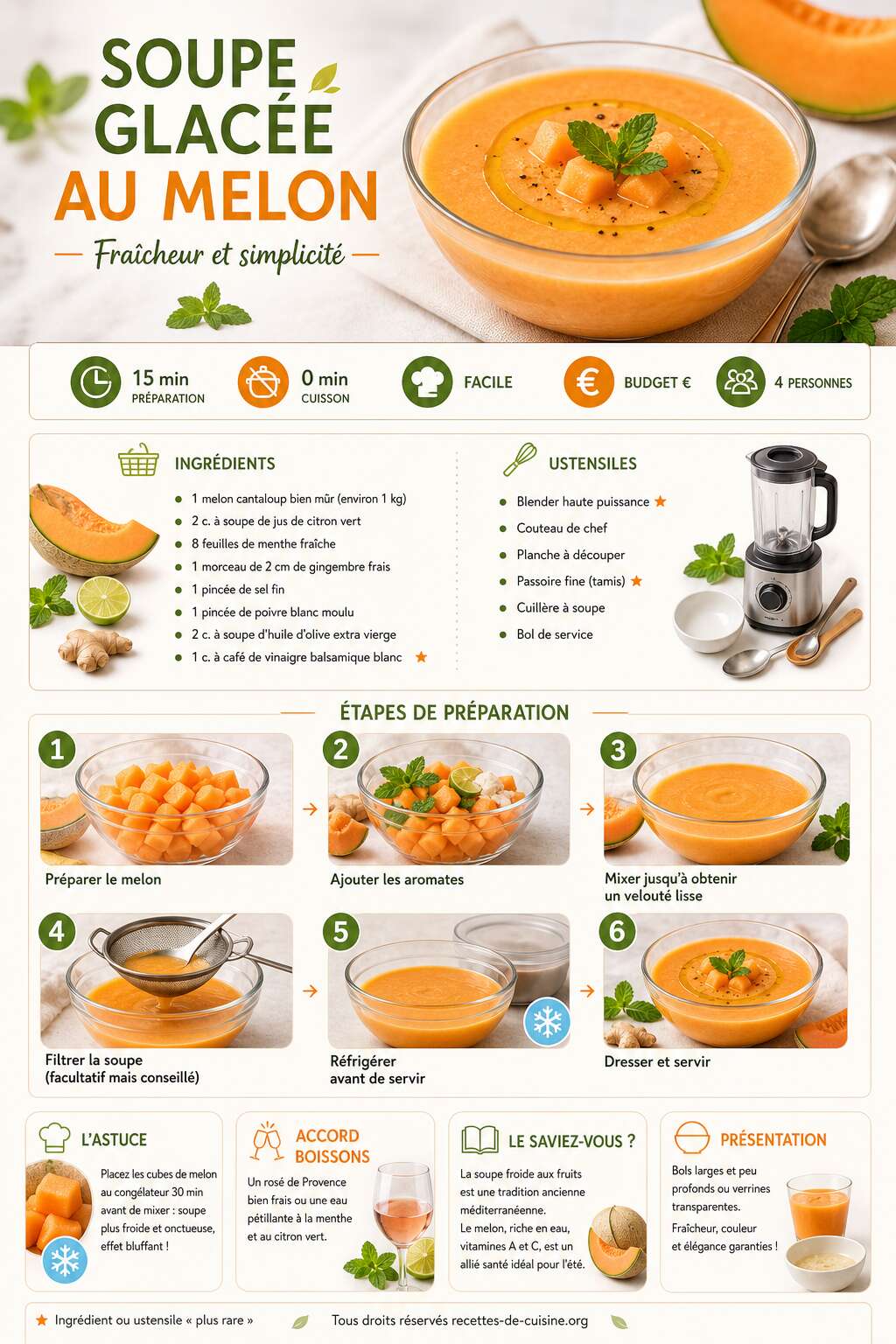 Fiche recette Recette de soupe glac&eacute;e au melon : fra&icirc;cheur et simplicit&eacute;