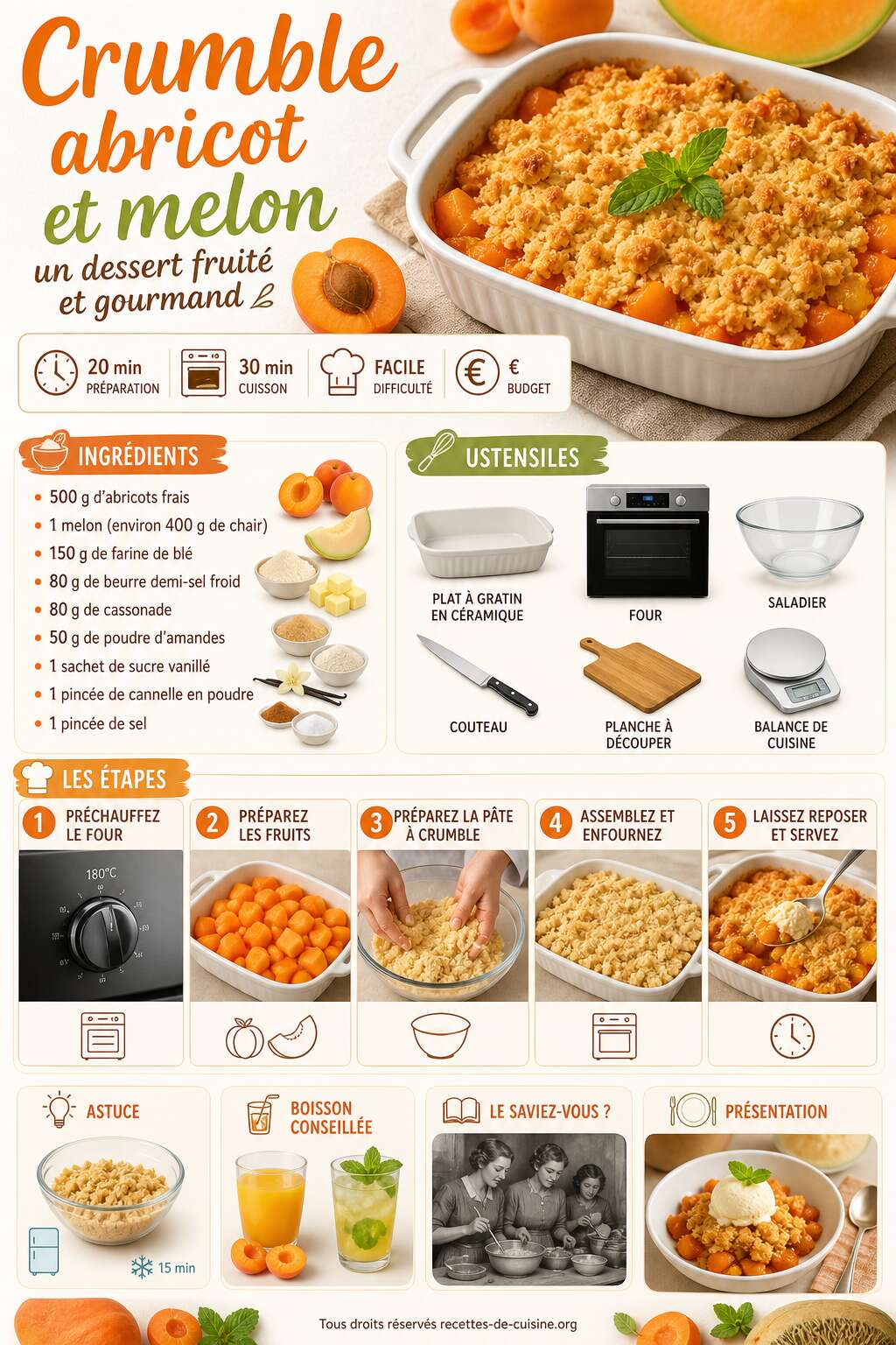 Fiche recette Recette de crumble abricot et melon : un dessert fruit&eacute; et gourmand