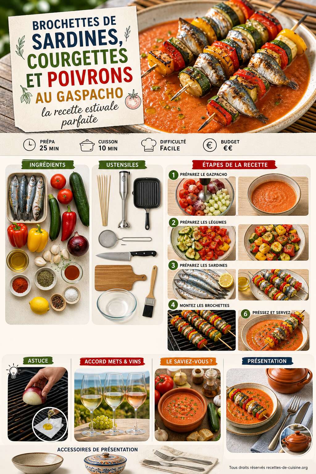 Fiche recette Brochettes de sardines, courgettes et poivrons au gaspacho : la recette estivale parfaite