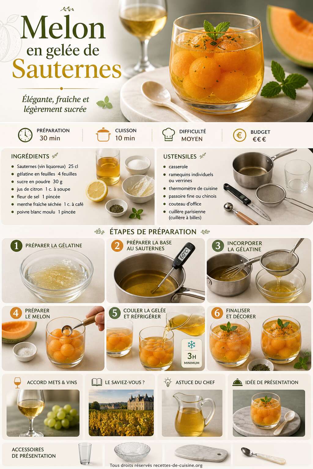 Fiche recette Recette de melon en gelée de Sauternes Fiche recette Recette de melon en gelée de Sauternes