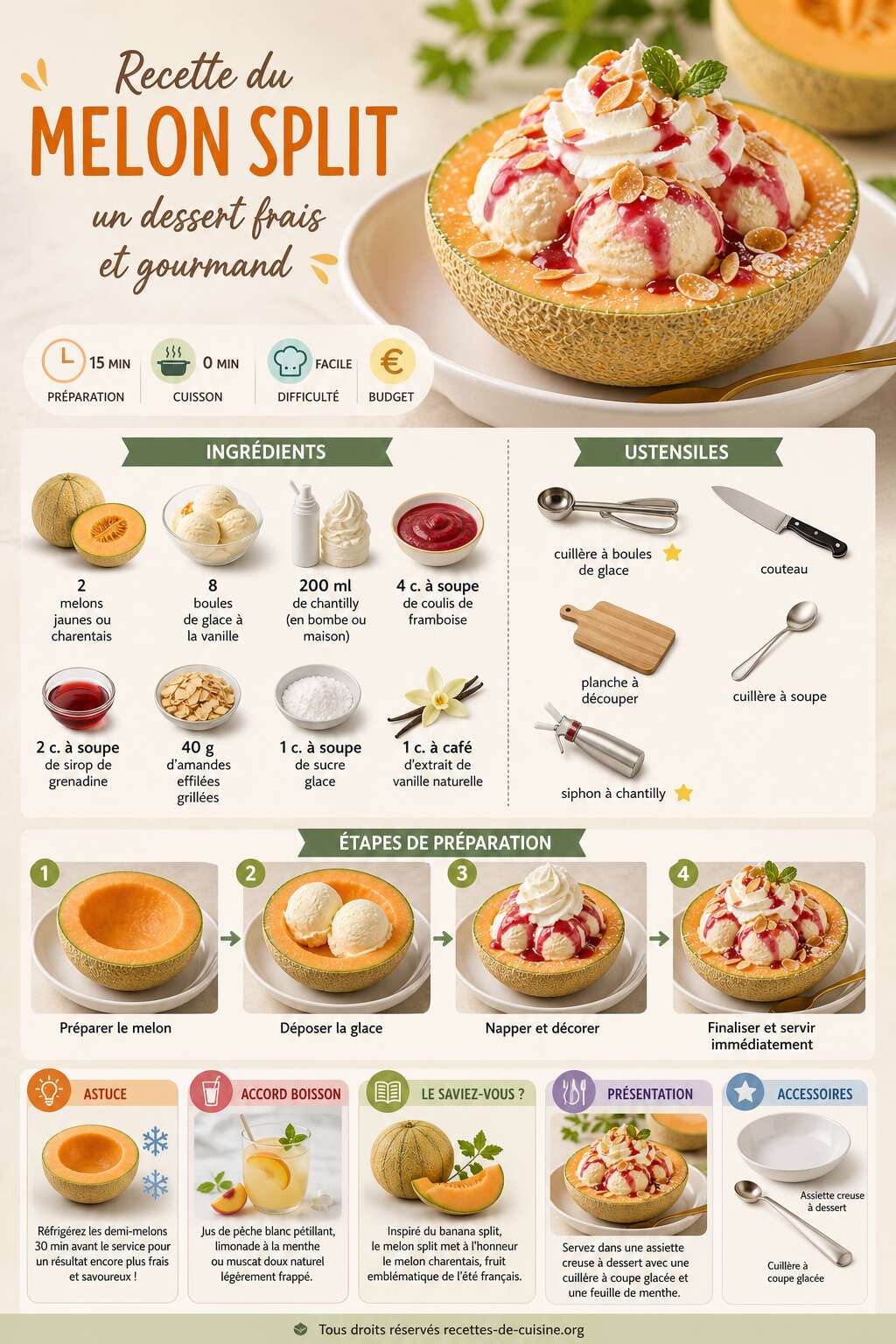 Fiche recette Recette du melon split : un dessert frais et gourmand Fiche recette Recette du melon split : un dessert frais et gourmand