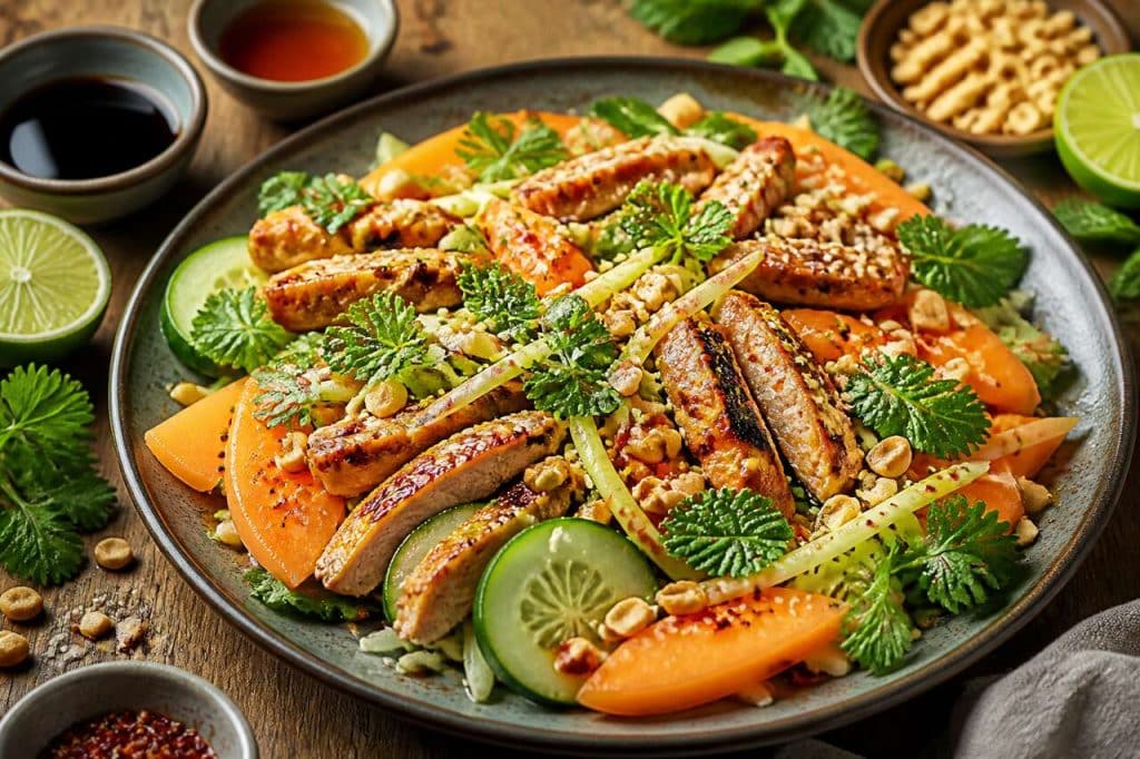 Recette de salade de poulet grillé à la papaye et au concombre
