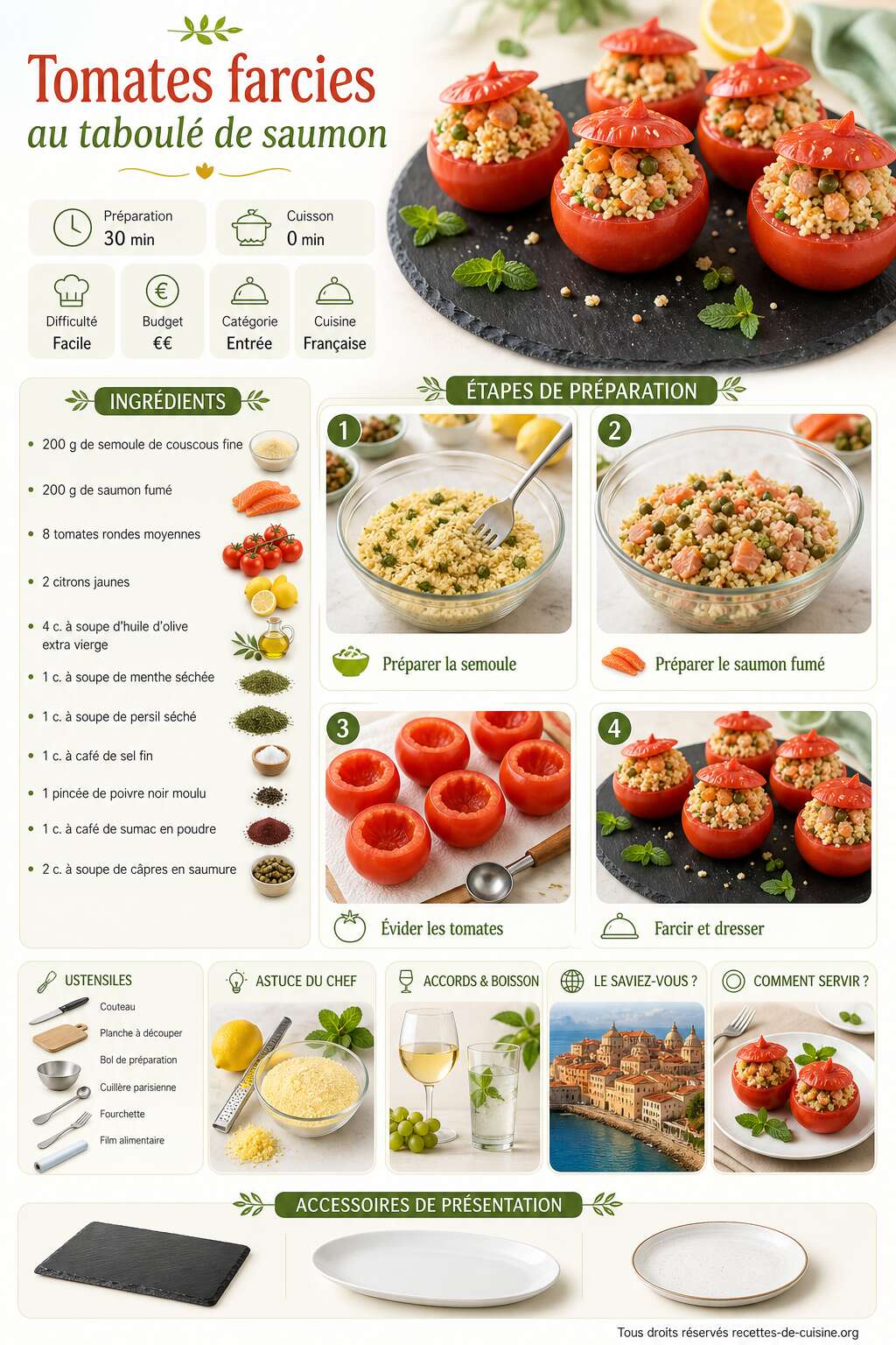 Fiche recette Recette de tomates farcies au taboulé de saumon Fiche recette Recette de tomates farcies au taboulé de saumon