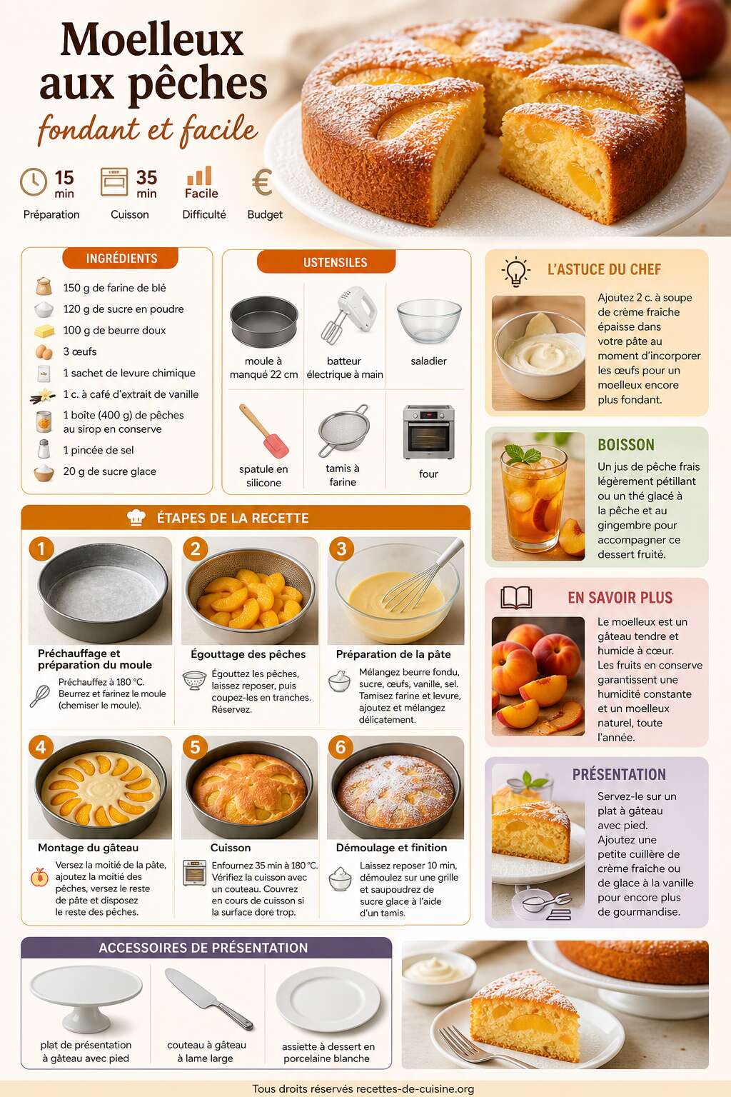 Fiche recette Recette du moelleux aux p&ecirc;ches fondant et facile