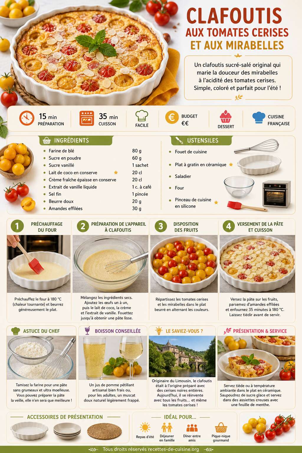 Fiche recette Recette du clafoutis aux tomates cerises et aux mirabelles Fiche recette Recette du clafoutis aux tomates cerises et aux mirabelles