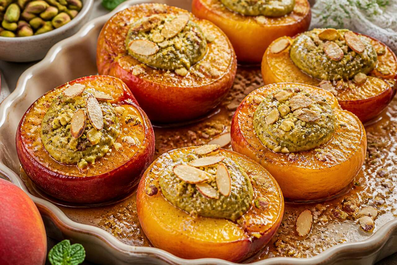 Pêches et nectarines farcies à la crème de pistache, rôties au caramel