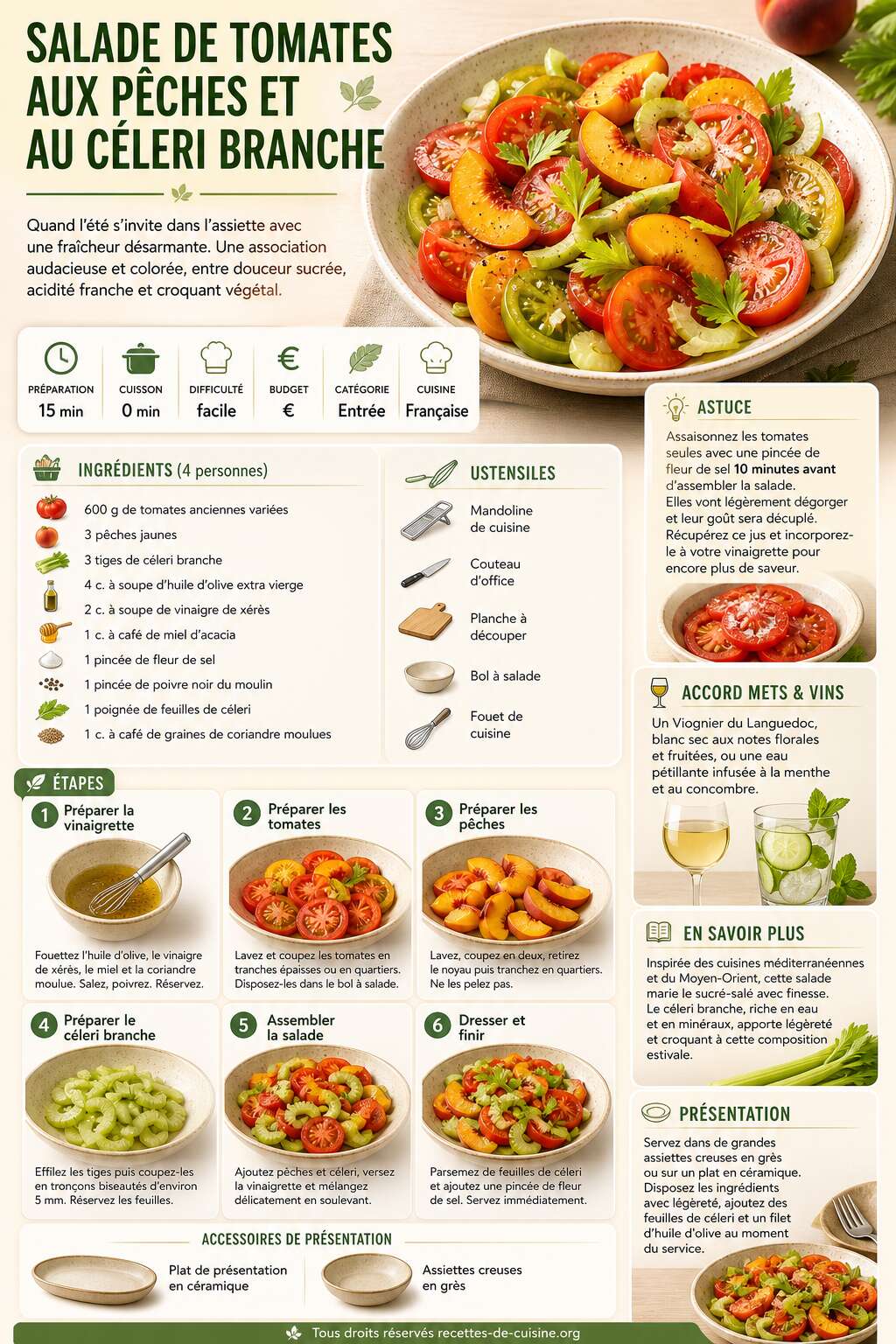 Fiche recette Recette de salade de tomates aux pêches et au céleri branche Fiche recette Recette de salade de tomates aux pêches et au céleri branche