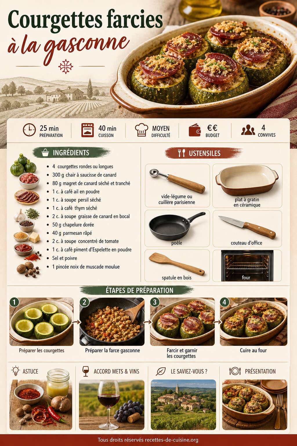 Fiche recette Recette des courgettes farcies à la gasconne Fiche recette Recette des courgettes farcies à la gasconne
