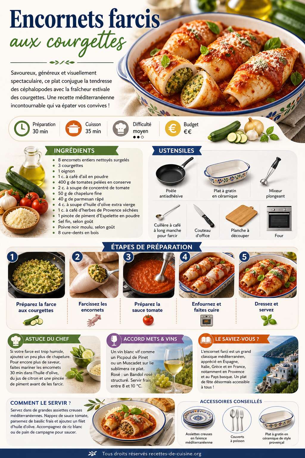 Fiche recette Recette d'encornets farcis aux courgettes Fiche recette Recette d'encornets farcis aux courgettes