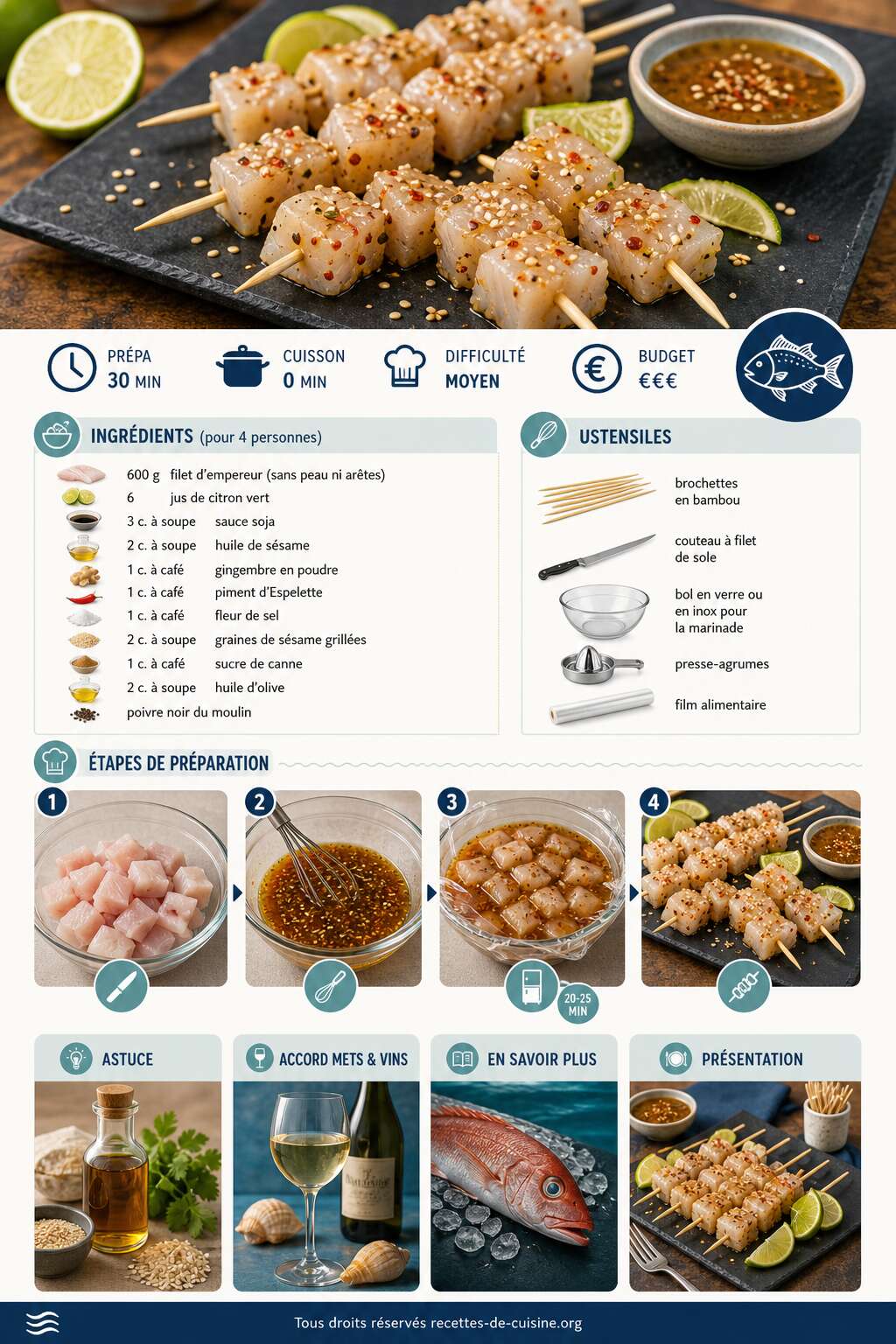 Fiche recette Recette de brochette d'empereur mariné cru Fiche recette Recette de brochette d'empereur mariné cru