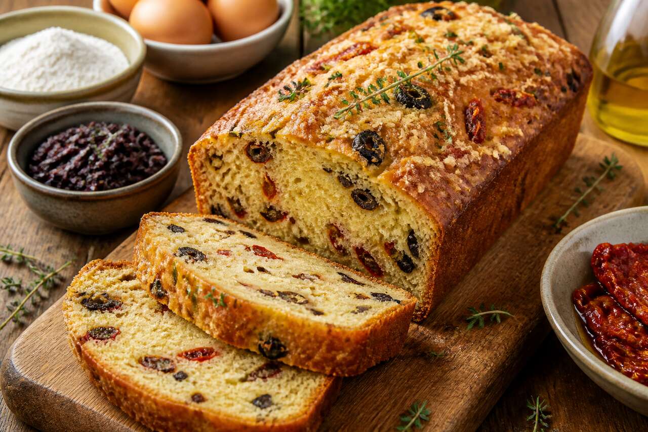 Recette du cake aux tomates séchées, thym et tapenade