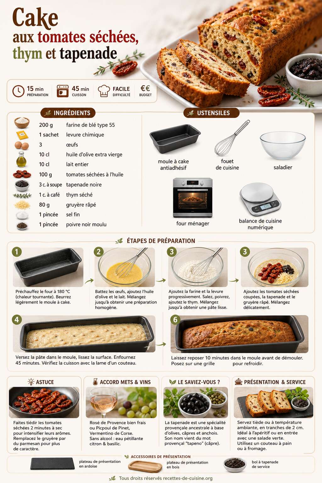 Fiche recette Recette du cake aux tomates séchées, thym et tapenade Fiche recette Recette du cake aux tomates séchées, thym et tapenade