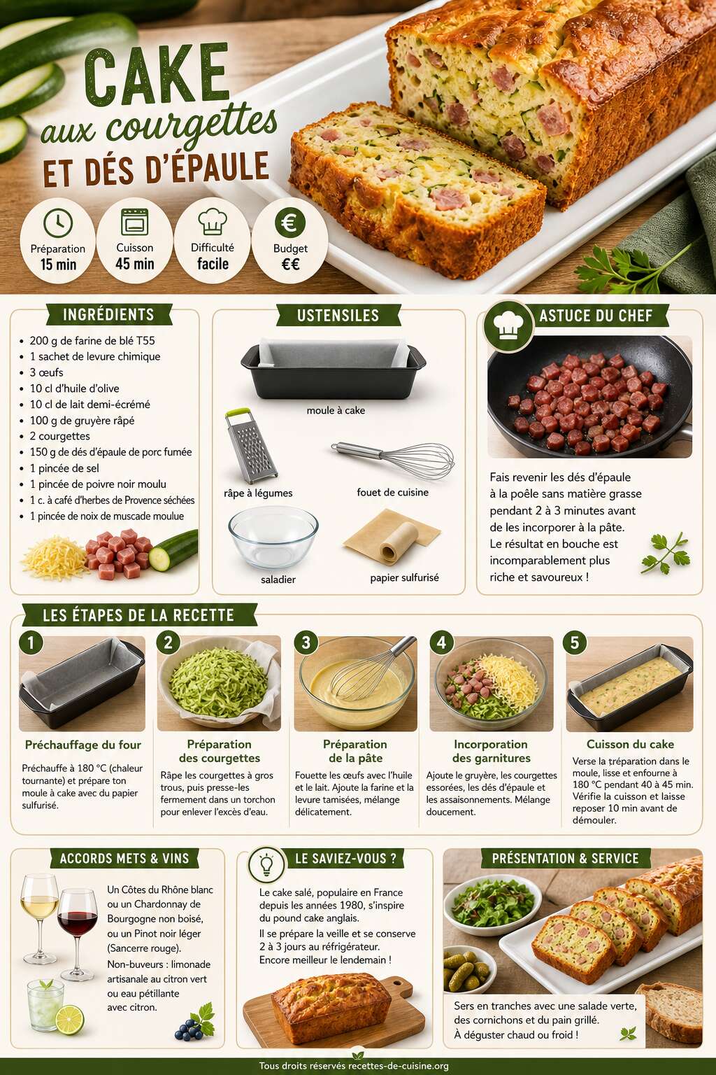 Fiche recette Recette de cake aux courgettes et dés d'épaule facile et savoureux Fiche recette Recette de cake aux courgettes et dés d'épaule facile et savoureux