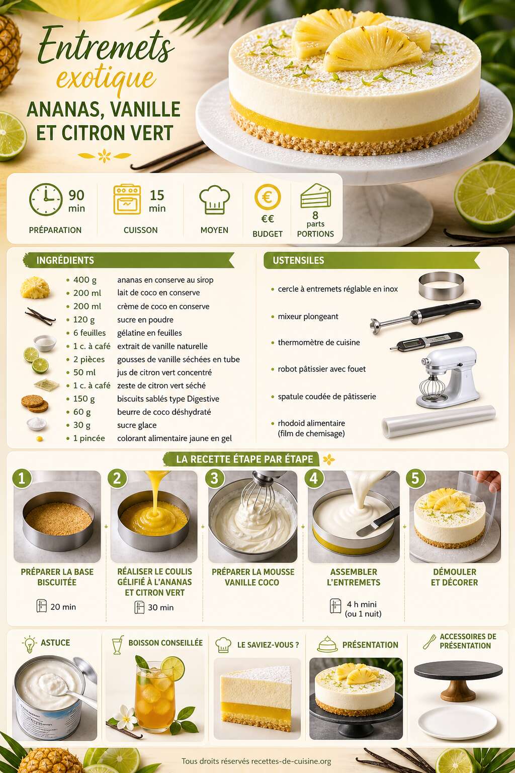 Fiche recette Recette d'entremets exotique ananas, vanille et citron vert Fiche recette Recette d'entremets exotique ananas, vanille et citron vert