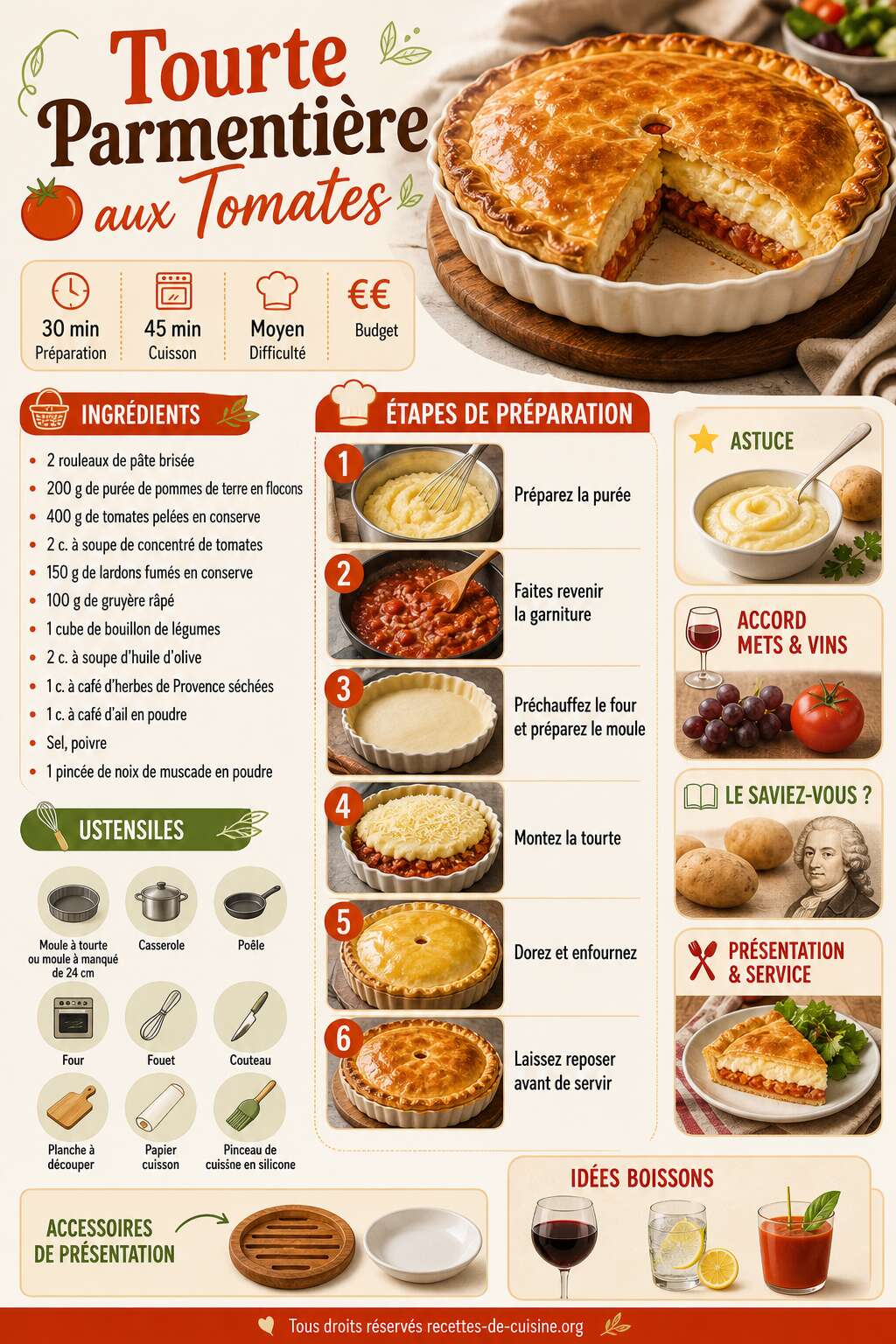 Fiche recette Recette de tourte parmentière aux tomates Fiche recette Recette de tourte parmentière aux tomates
