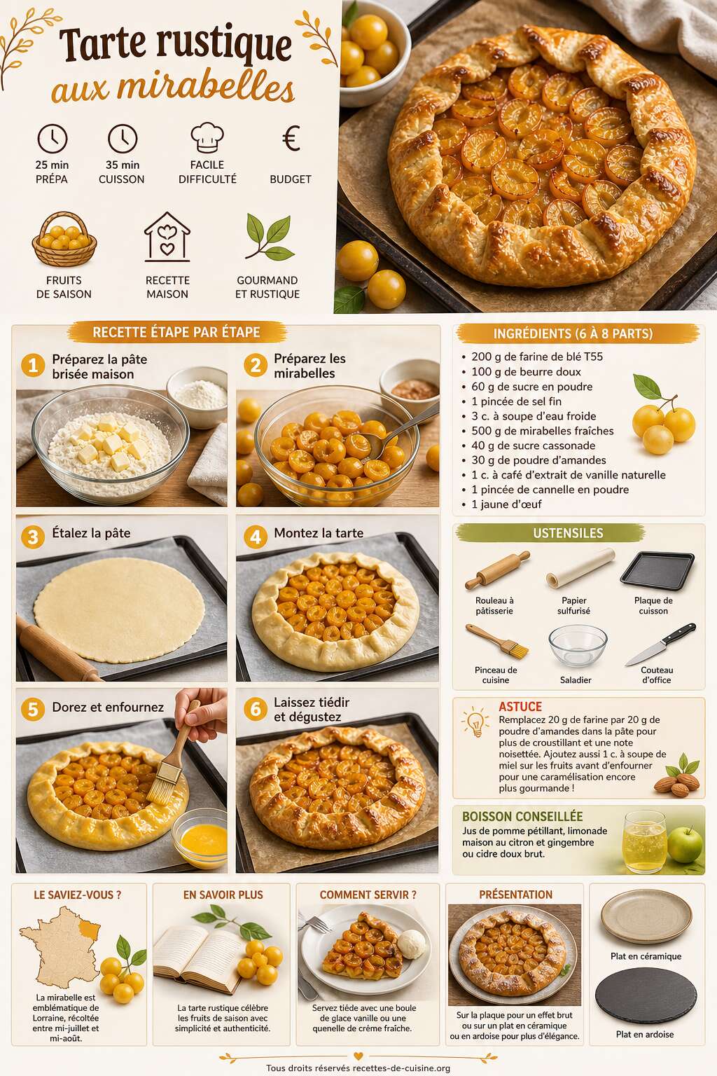 Fiche recette Recette de tarte rustique aux mirabelles Fiche recette Recette de tarte rustique aux mirabelles