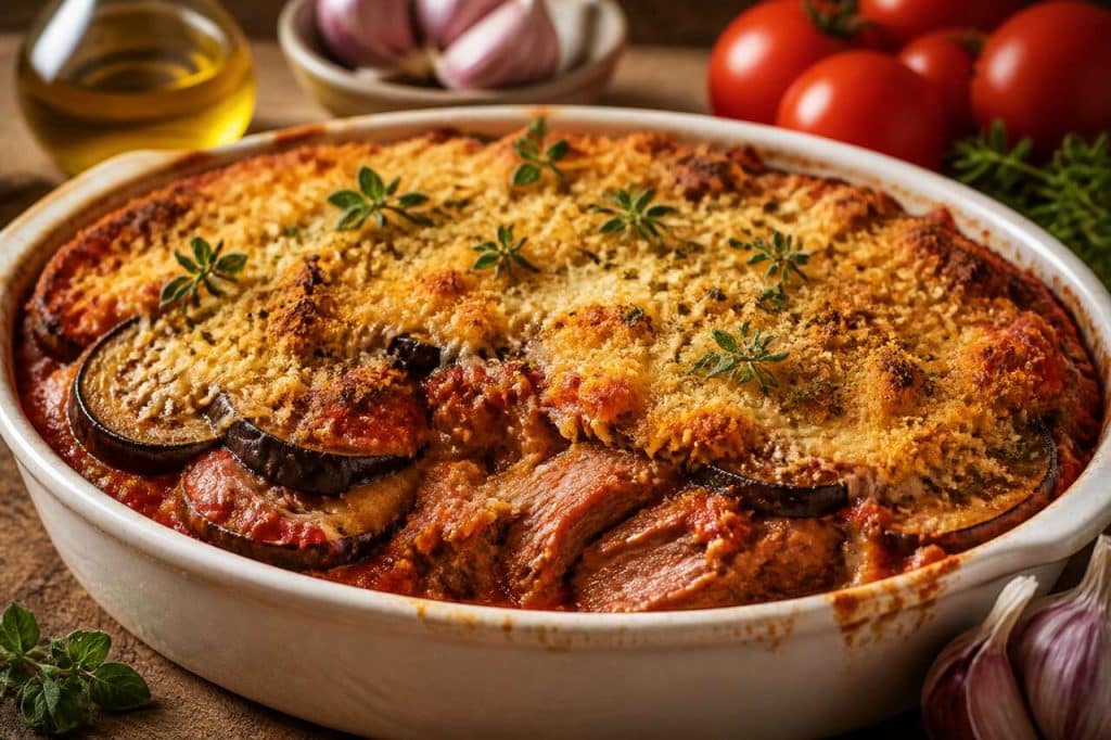 Recette du gratin de porc aux aubergines à l'ail rose de Lautrec