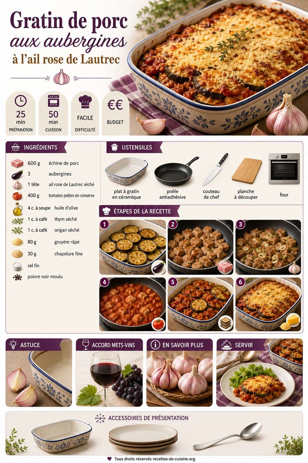 Fiche recette Recette du gratin de porc aux aubergines à l'ail rose de Lautrec Fiche recette Recette du gratin de porc aux aubergines à l'ail rose de Lautrec