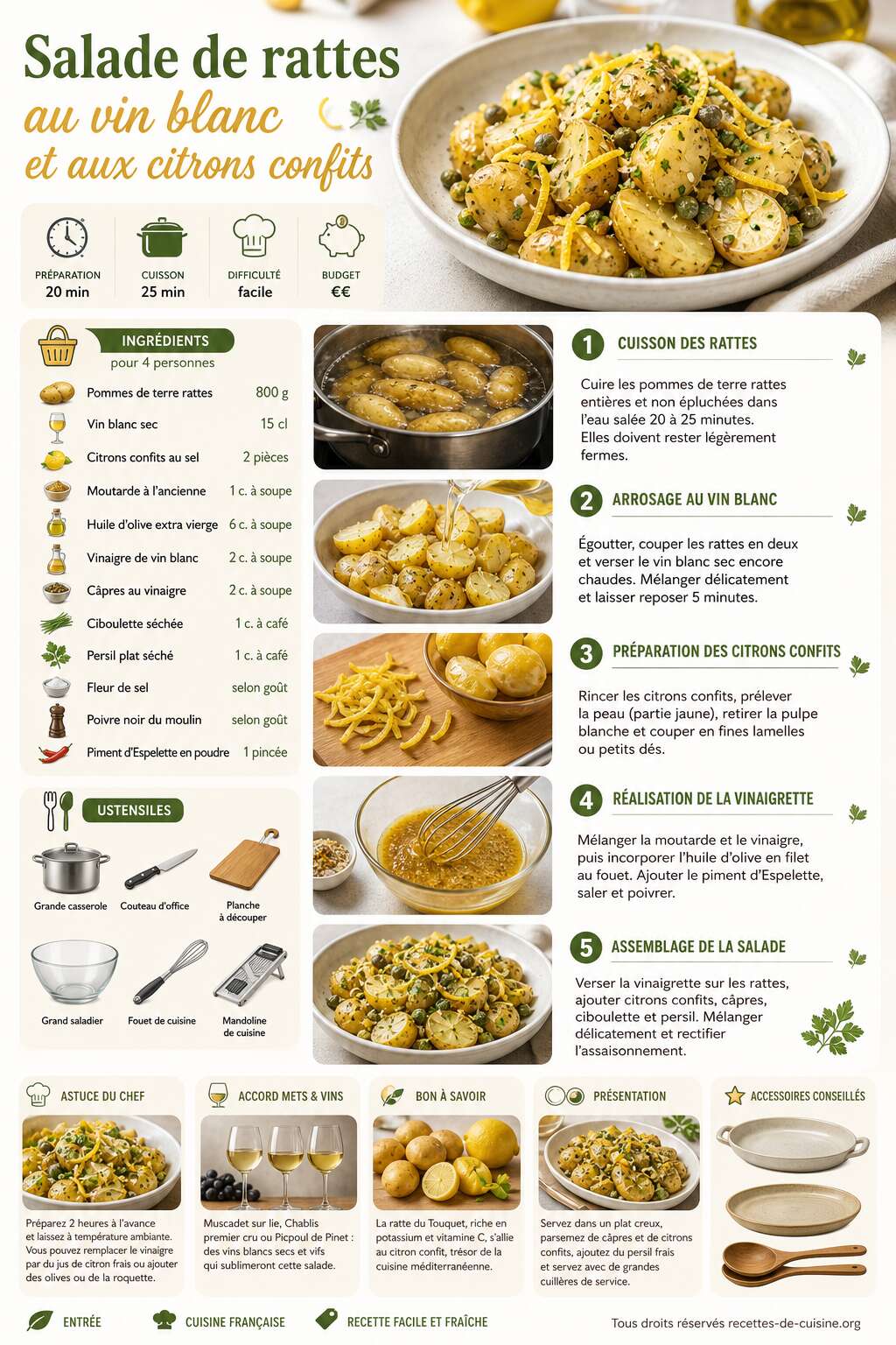 Fiche recette Salade de rattes au vin blanc et aux citrons confits : une recette fraîche et parfumée Fiche recette Salade de rattes au vin blanc et aux citrons confits : une recette fraîche et parfumée