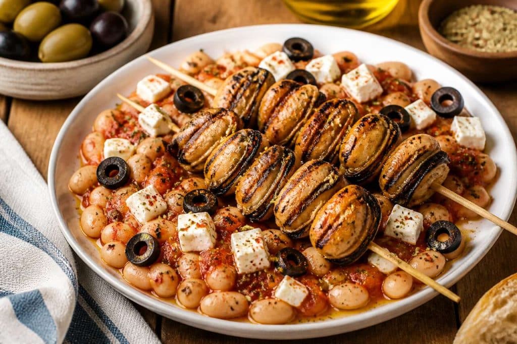 Recette de brochettes de moules aux haricots à la grecque