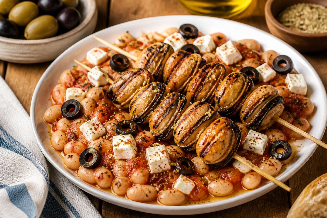 Recette de brochettes de moules aux haricots à la grecque